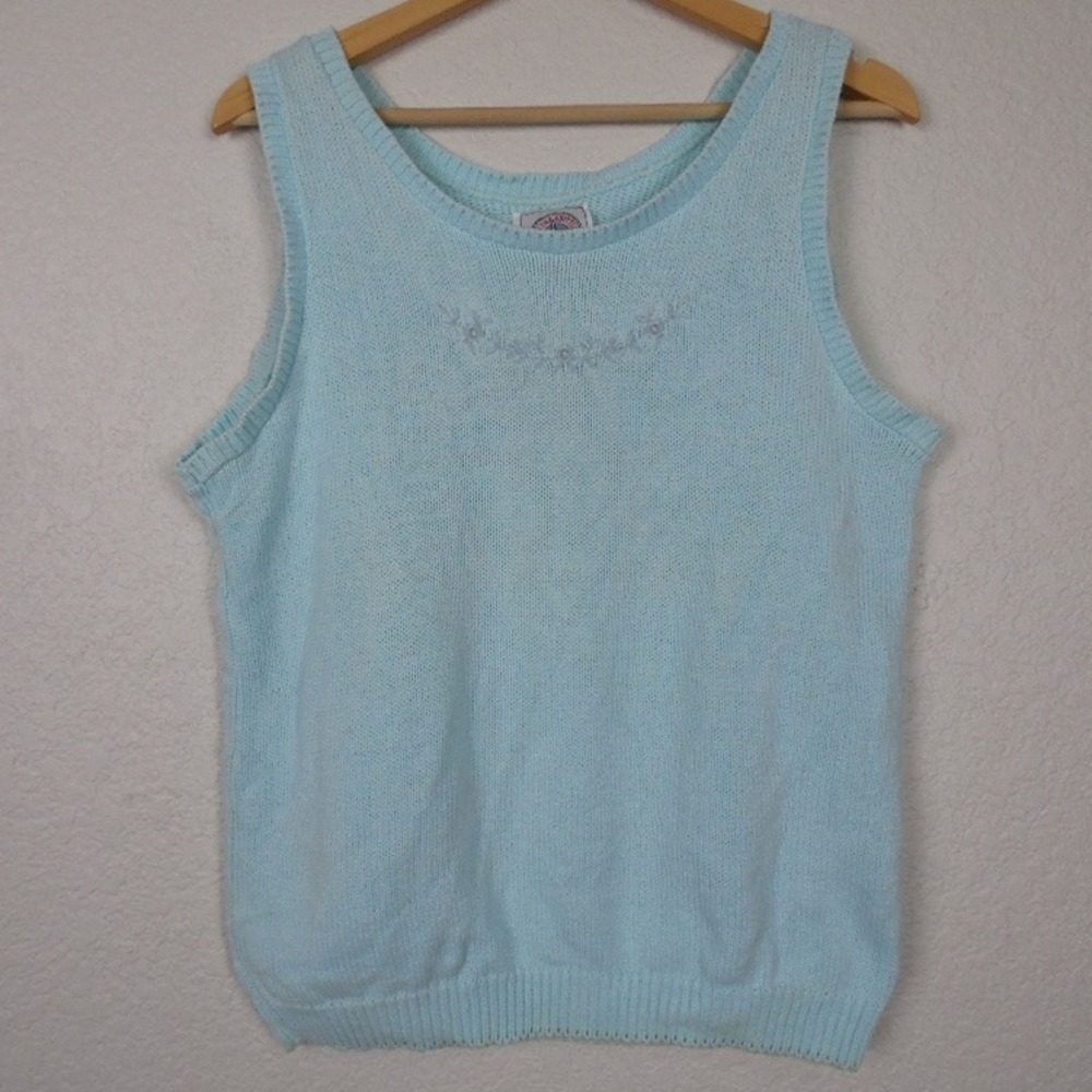 Cape Isle Knitters Women Embroidered Knit Top Sz Medium‎ Blue Cottagecore Granny
